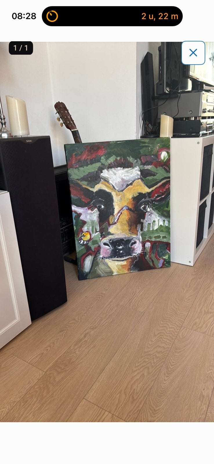 Schilderij van een fleurige koe. 60x80 cm, Antiek en Kunst, Ophalen of Verzenden, Acrylverf, Dieren