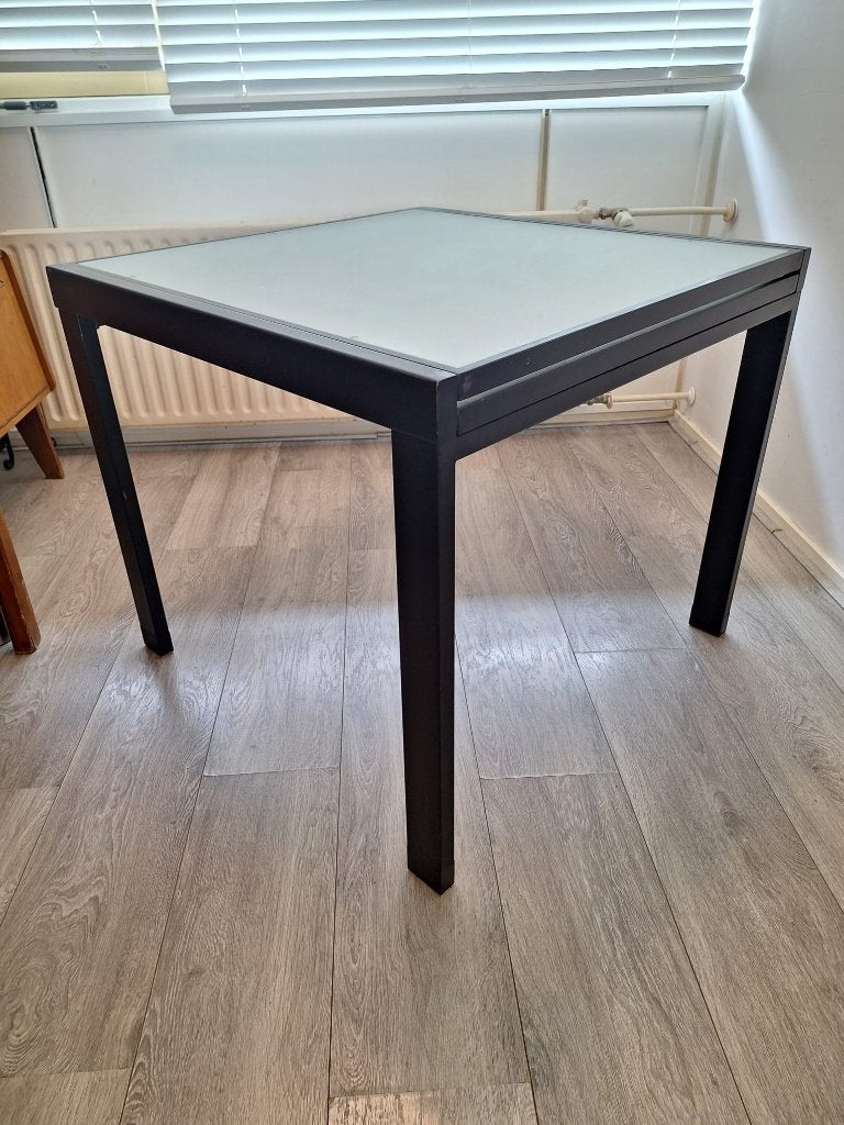 vintage Italian metal glass table with frosted glass top, Ophalen, Gebruikt, Vintage, 50 tot 100 cm