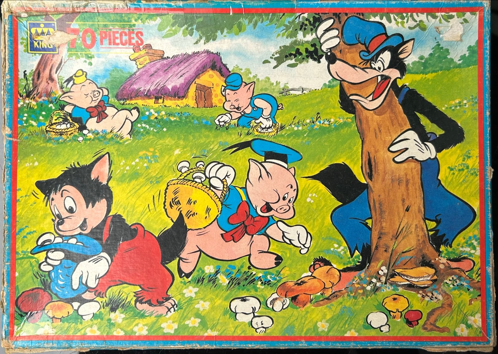 Vintage King Puzzel: De Grote Boze Wolf en de 3 Biggetjes, Ophalen of Verzenden, Meer dan 50 stukjes, Gebruikt, 4 tot 6 jaar
