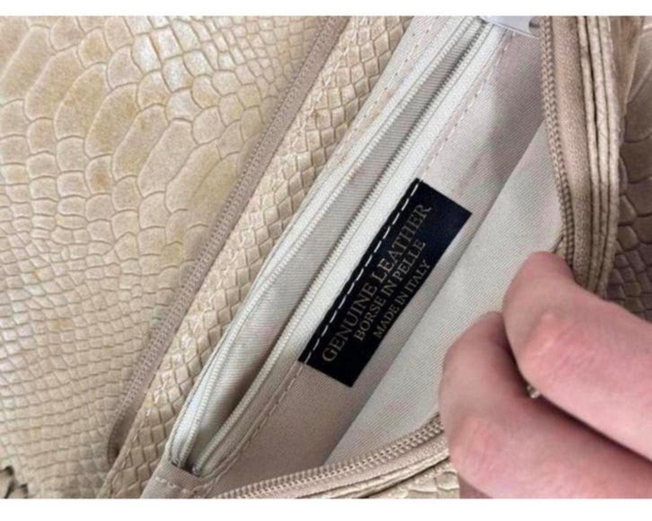 BORSE IN PELLE Italiaanse leren handtas slangenleer ketting, Schoudertasje, Beige, Ophalen of Verzenden, Zo goed als nieuw