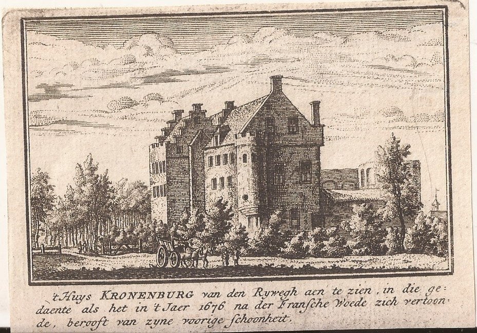 't Huys Kronenburg van den Rhywegh aen te zien 1676 kopergr., Architectuur, Ophalen of Verzenden, 10 cm, 1700 - 1799