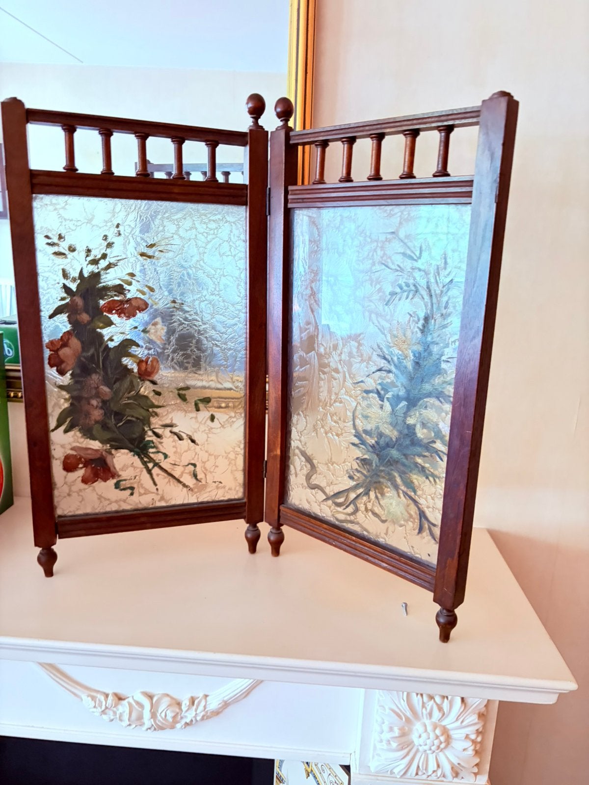 Antiek/ vintage tafelscherm hout met handgeschilderd glas, Antiek en Kunst, Antiek | Glas en Kristal, Ophalen