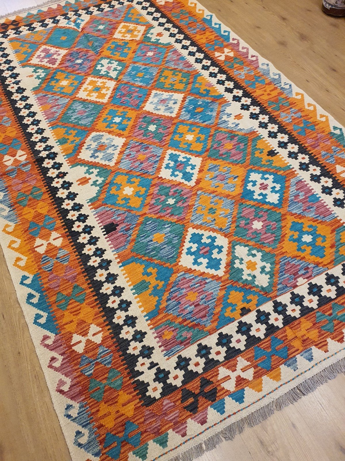 Handgeweven oosterse wollen kelim 265x160, Info@SlatsAntiek.nl, 150 tot 200 cm, Ophalen of Verzenden, Kelim