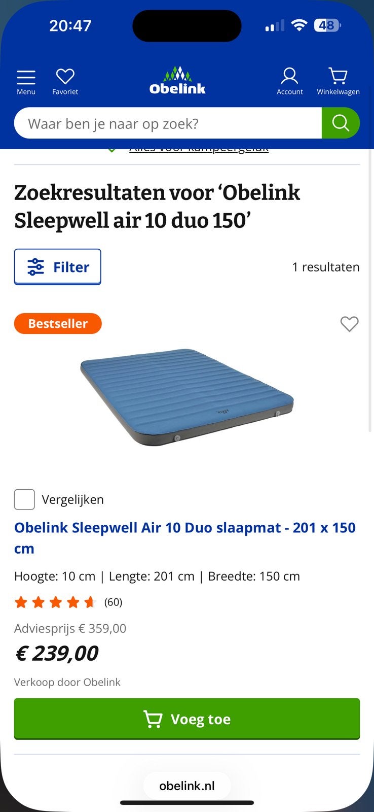Obelink sleepwell air 10 duo 150, Ophalen, Zo goed als nieuw, Wit