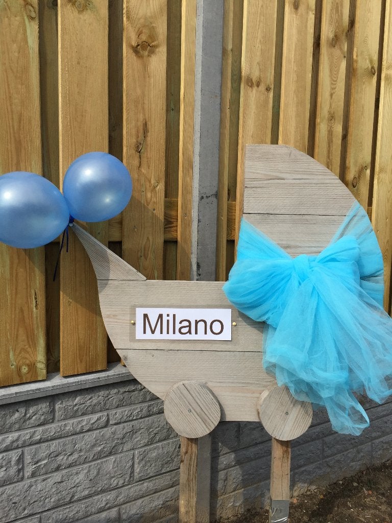 Geboortebord KINDERWAGEN huren huur babyspullen jongen, Ophalen, Zo goed als nieuw, Geboortebord