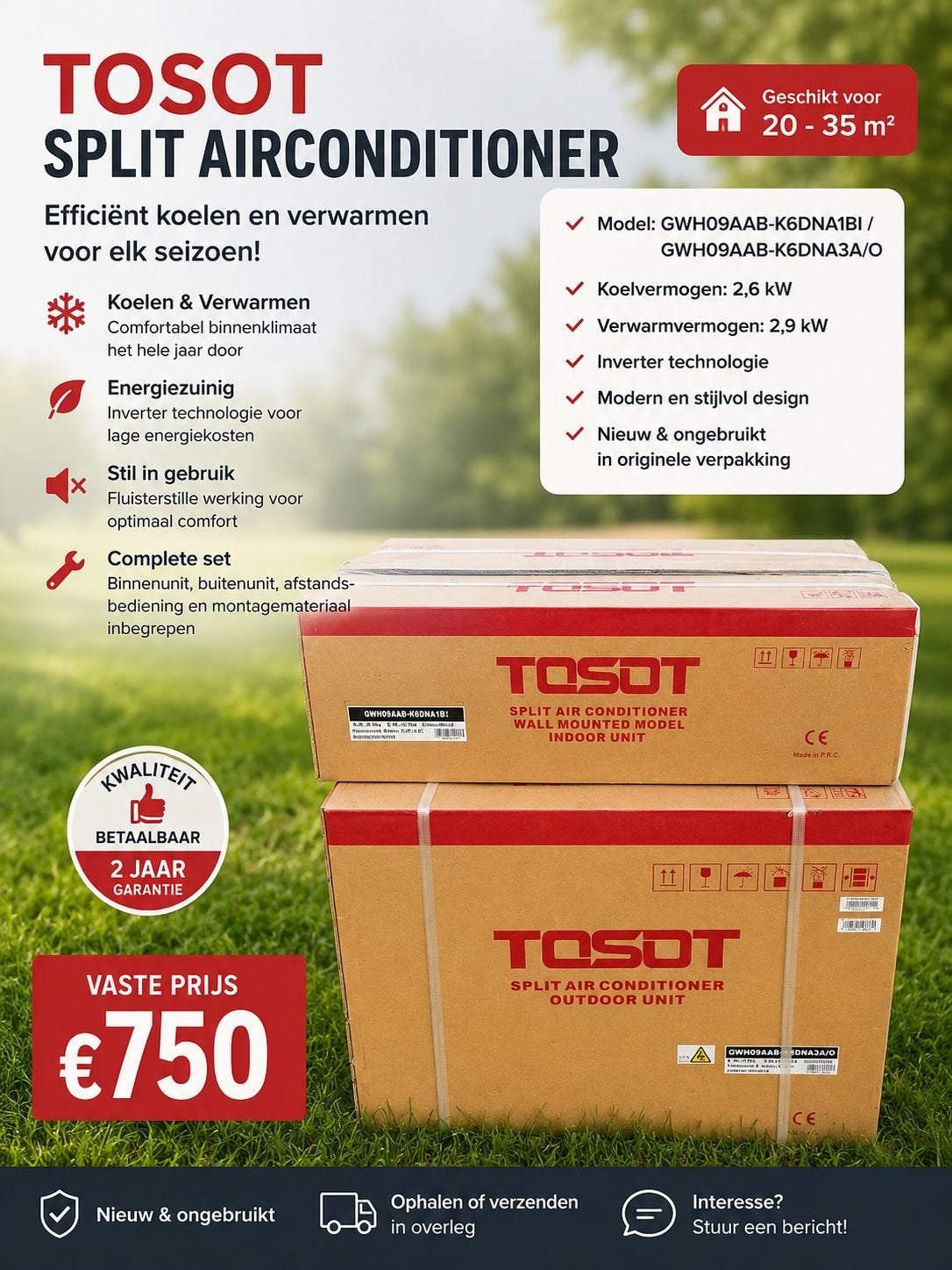 TOSOT Split Airconditioner - Koelen & Verwarmen, Witgoed en Apparatuur, Airco's, Ophalen, Nieuw, 3 snelheden of meer, Koelen en Ontvochtigen