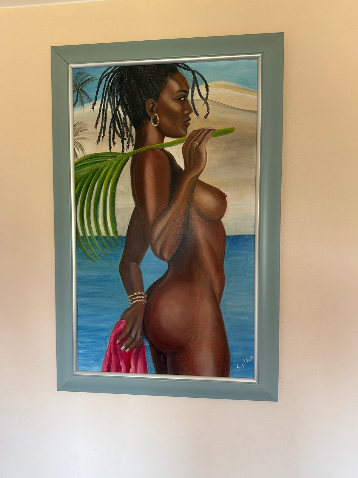 Schilderij: Vrouw met palmblad, Ophalen of Verzenden