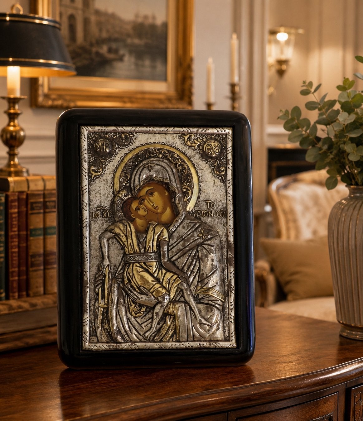 Handgemaakt Grieks Icoon Maria met Kind, Zilver 950-999, Antiek en Kunst, Verzenden