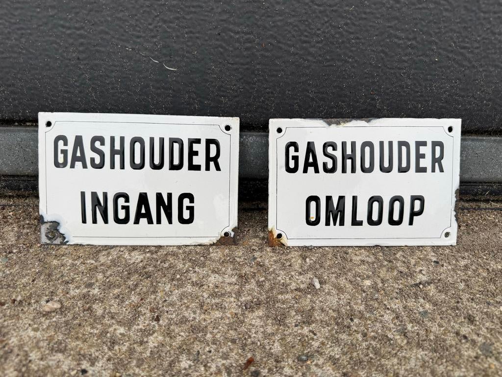 Emaille reclameborden setje: Gashouder Ingang & Omloop, Ophalen of Verzenden, Reclamebord