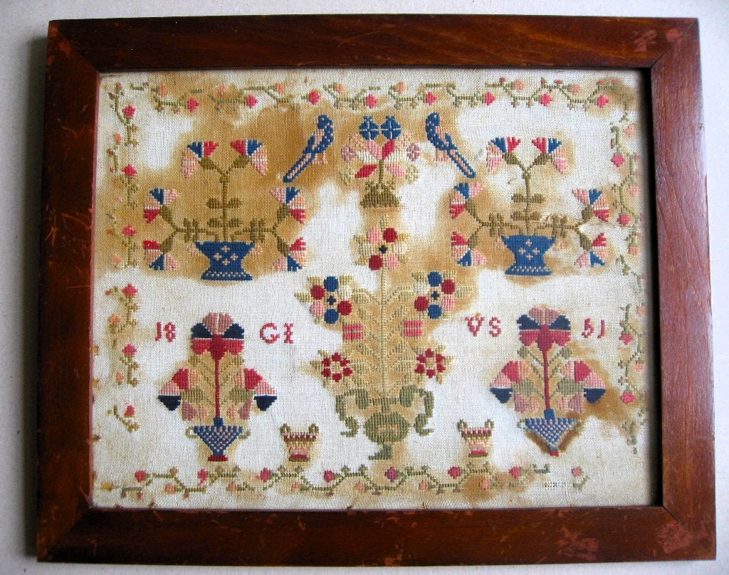 Antieke merklap volkskunst uit 1851, ingelijst, Antiek en Kunst, Antiek | Kleden en Textiel, Ophalen of Verzenden