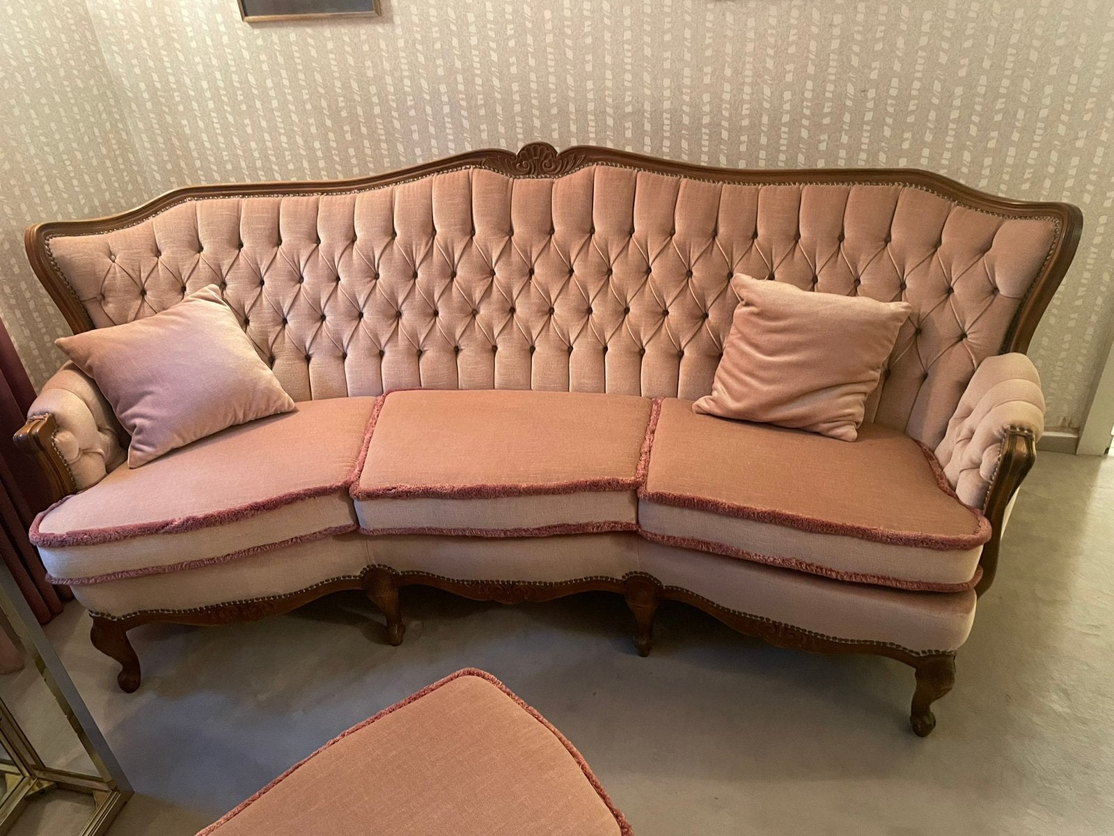 Roze Vintage Bank met FRANJES velours retro barok queen ann, Antiek en Kunst, Ophalen
