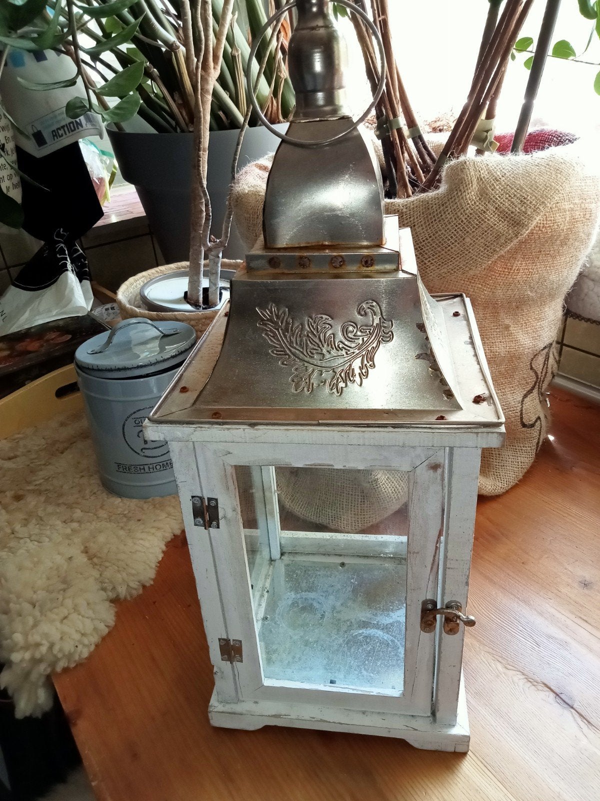 Mooi groot windlicht white wash hout met metalen bovenkant, Ophalen, Windlicht, Gebruikt, Hout