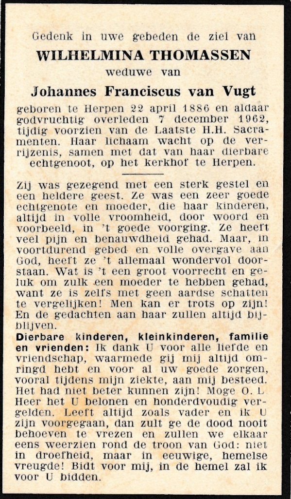 Thomassen Wilhelmina 1886 Herpen 1962, Ophalen of Verzenden, Bidprentje