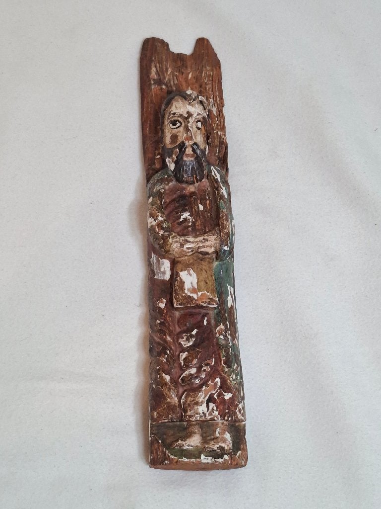 Oud houten reliëf, heilige met boek, polychroom, ca. 44 cm, Antiek en Kunst, Ophalen of Verzenden