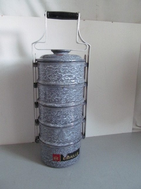 5-Delige emaille Rantang etensdrager, tiffin- of lunchbox, Antiek en Kunst, Ophalen of Verzenden
