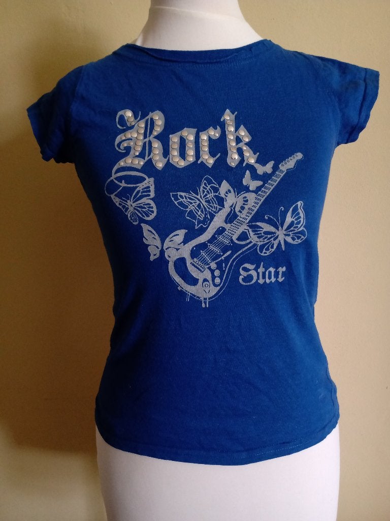 Blauwe Rock Star T-Shirt met Faux Studs, Gitaar en Vlinders, Blauw, Ophalen of Verzenden, Korte mouw, Forever 18
