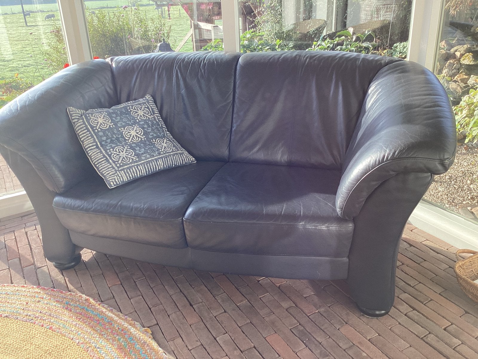 Leren bank donkerblauw, Ophalen, Minder dan 75 cm, Tweepersoons, Leer