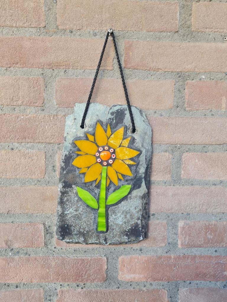 Handgemaakt mozaïek zonnebloem op leisteen, Meerkleurig, Zo goed als nieuw, Knutselwerk, Natuur en Bloemen