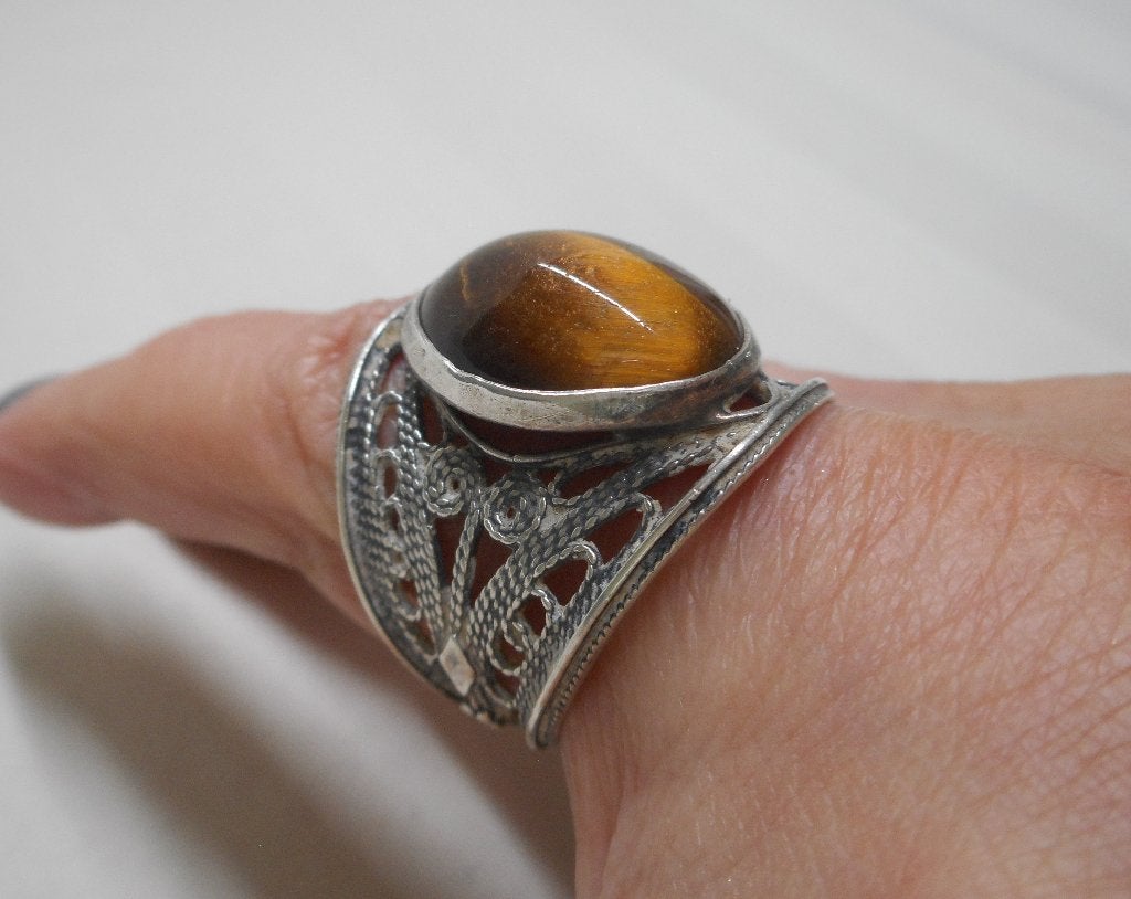 Zilveren antieke verstelbare ring met tijgeroog  nr.1725, Verzenden, Zilver, Ring