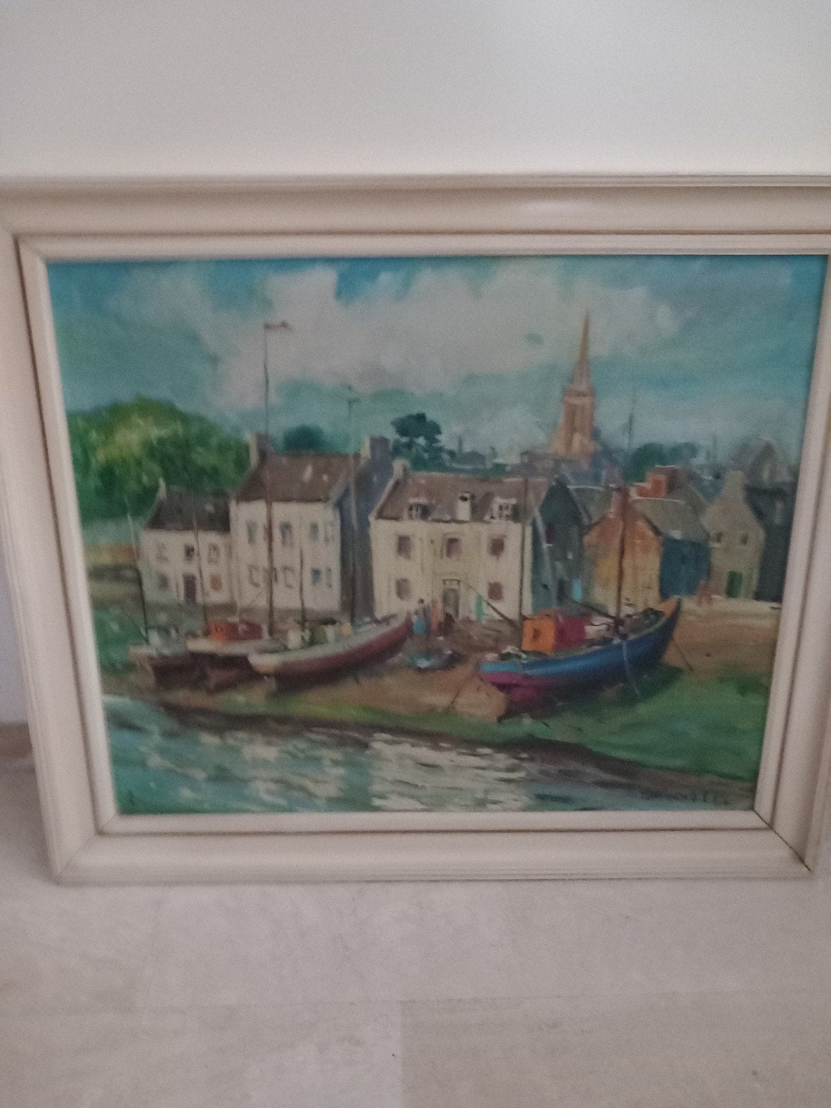 Schilderij: Haven met boten en dorp, Ophalen, Maritiem / water, Doek, Realistisch