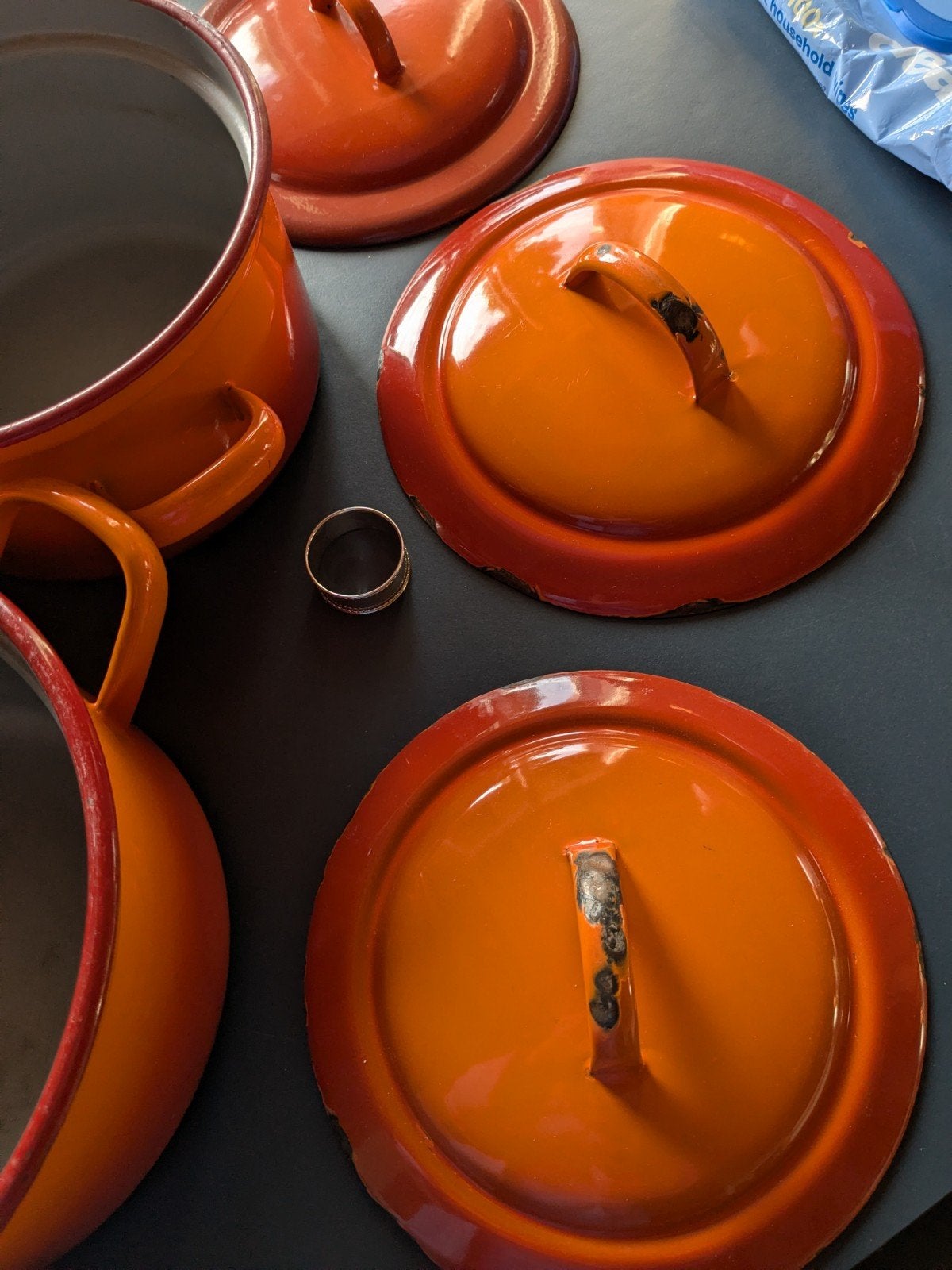 Vintage emaille pannen set Dru Ware- Oranje, Verzenden