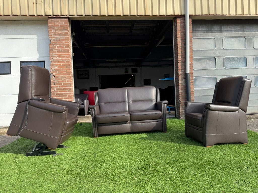 Bankstel SENIOREN Mecam bruin leer 2+1zit bank +sta op stoel, Hout, Geen, Pahest@hotmail.nl, Design