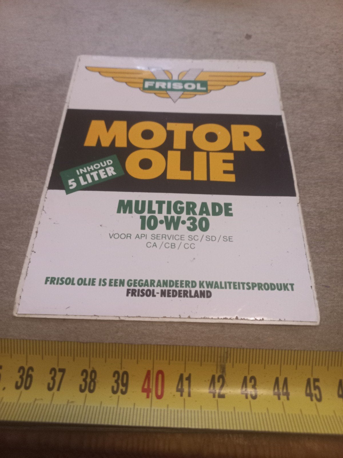 Vintage Frisol Motorolie Emaille Reclamesticker 5 Liter, Ophalen of Verzenden, Gebruikt