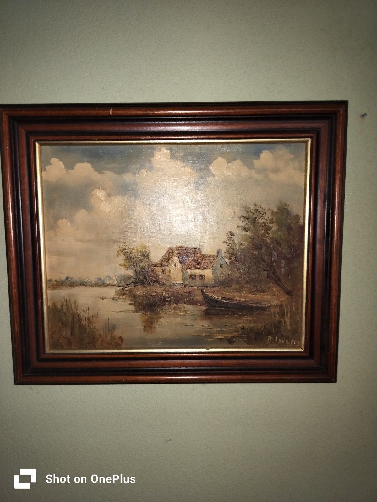 Olieverfschilderij Landschap met Huizen en Boot, Ophalen of Verzenden