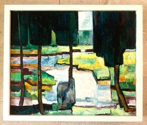 Surrealistisch landschap met bomen ca.1990 - initialen LKP, Doek, Expressionistisch, Ophalen of Verzenden, Olieverf