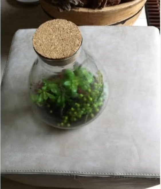 Glazen fles met kurk met kunstplantjes,Br 25 cm H 26cm, Ophalen of Verzenden