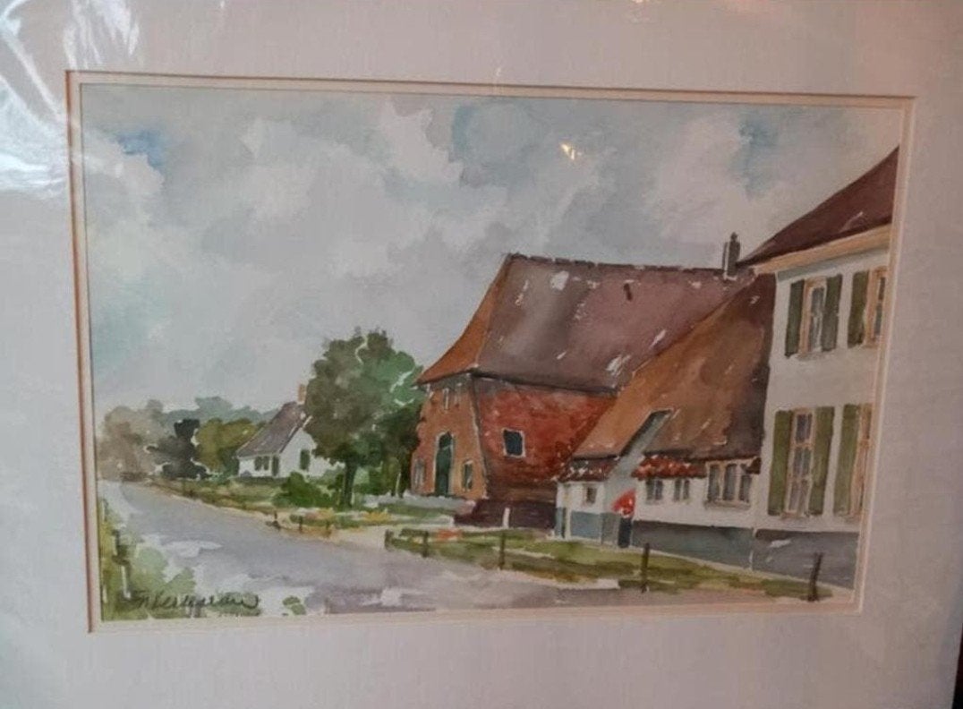 Aquarel JW Verhoeven - Landschap met boerderijen, Ophalen of Verzenden, Gesigneerd, Stads- / dorpsgezicht, Papier