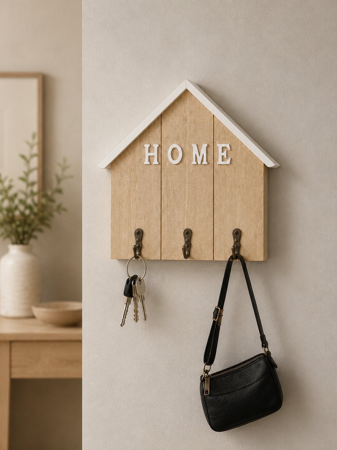 Sleutelrekje 'HOME' met 3 haken, Huis en Inrichting, Hout, Beige, Nieuw, Ophalen of Verzenden