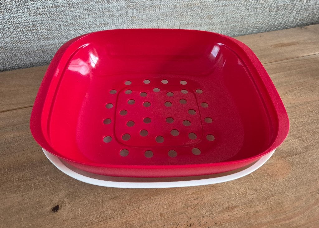 Tupperware Allegra schaal met vergiet 1,33L Rood-Wit, Ophalen of Verzenden, Zo goed als nieuw, Rood, Schaal