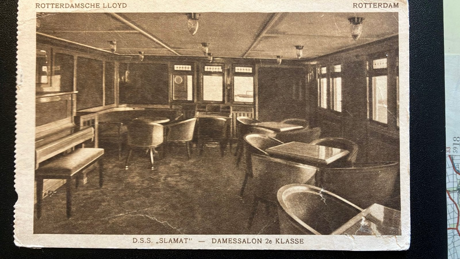 Rotterdamsche lloyd  Slamat (1924) damessalon 2e kl., Verzamelen, Scheepvaart, Ophalen of Verzenden, Zo goed als nieuw, Kaart, Foto of Prent