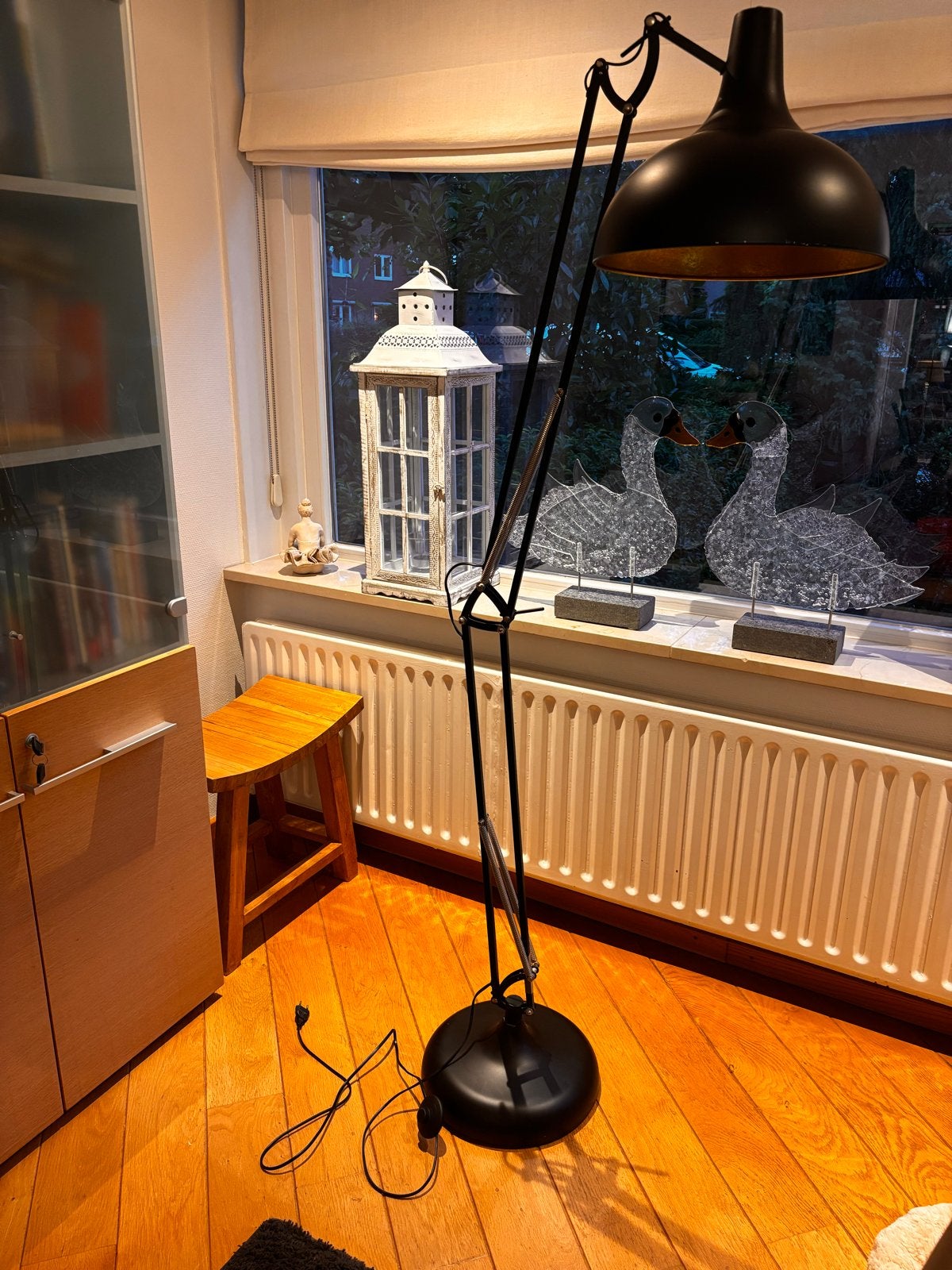 Grote zwarte staande lamp met verstelbare arm, Ophalen, Gebruikt, Metaal, 150 tot 200 cm