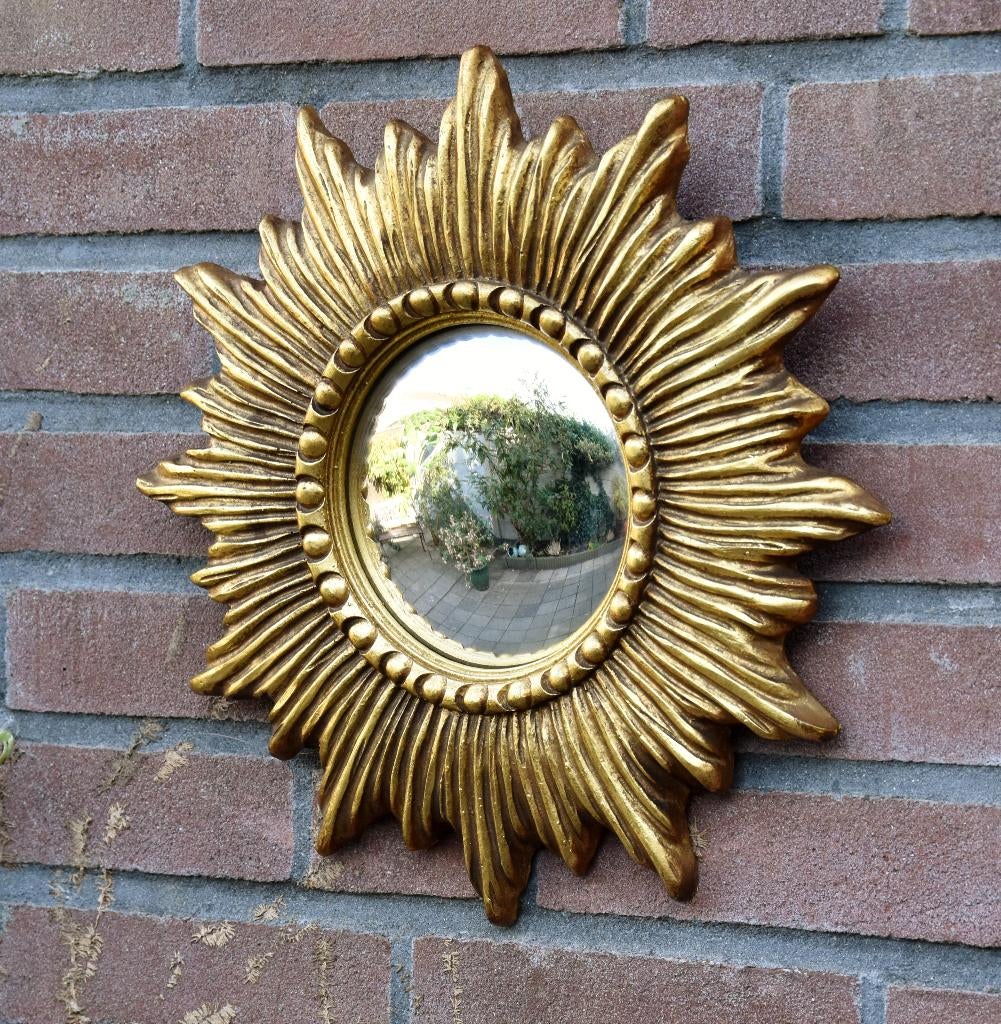 Vintage Zonne Wandspiegel met Bladgoud, Ophalen, Minder dan 50 cm, Rond, Zo goed als nieuw