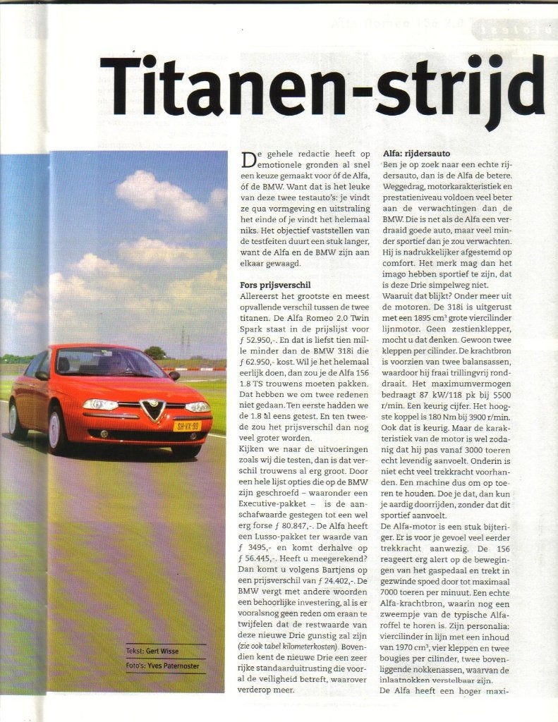 Autokampioen dubbeltest Alfa 156 en BMW 318i 1998, Ophalen of Verzenden, Gelezen, Overige merken