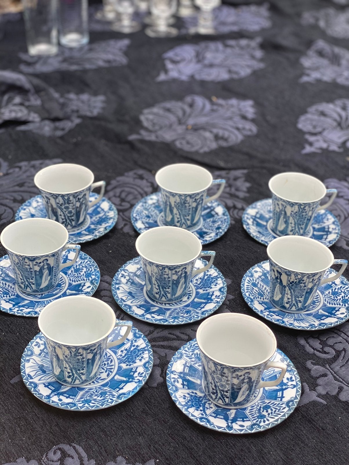 8x Vintage  'Lange Lijs' Theekopjes - Blauw Porselein, Antiek en Kunst, Antiek | Servies los, Ophalen