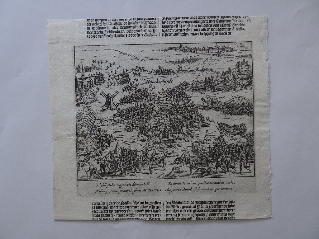 gravure Slag om Mookerheide Mook Limburg Baudartius ca 1612, Militair, Gravure, Origineel, 1600 - 1699