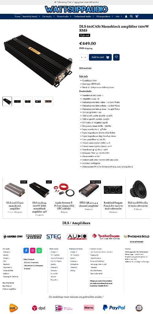 DLS 610CAS1 1100W RMS Monoblok versterker Signature Series, Auto diversen, Info@optimount.nl, Nieuw, Ophalen of Verzenden, Anholtseweg 48A 7091 HB DINXPERLO