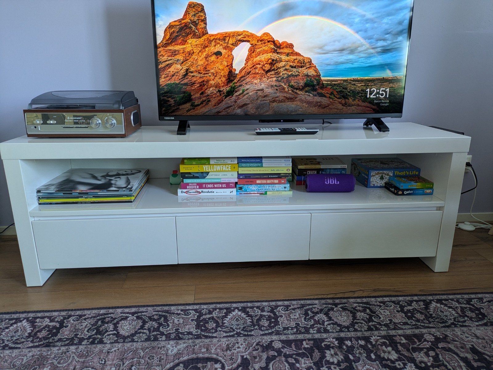 Wit TV meubel met 3 lades en open vak, Huis en Inrichting, Ophalen, Overige materialen, Gebruikt, 150 tot 200 cm
