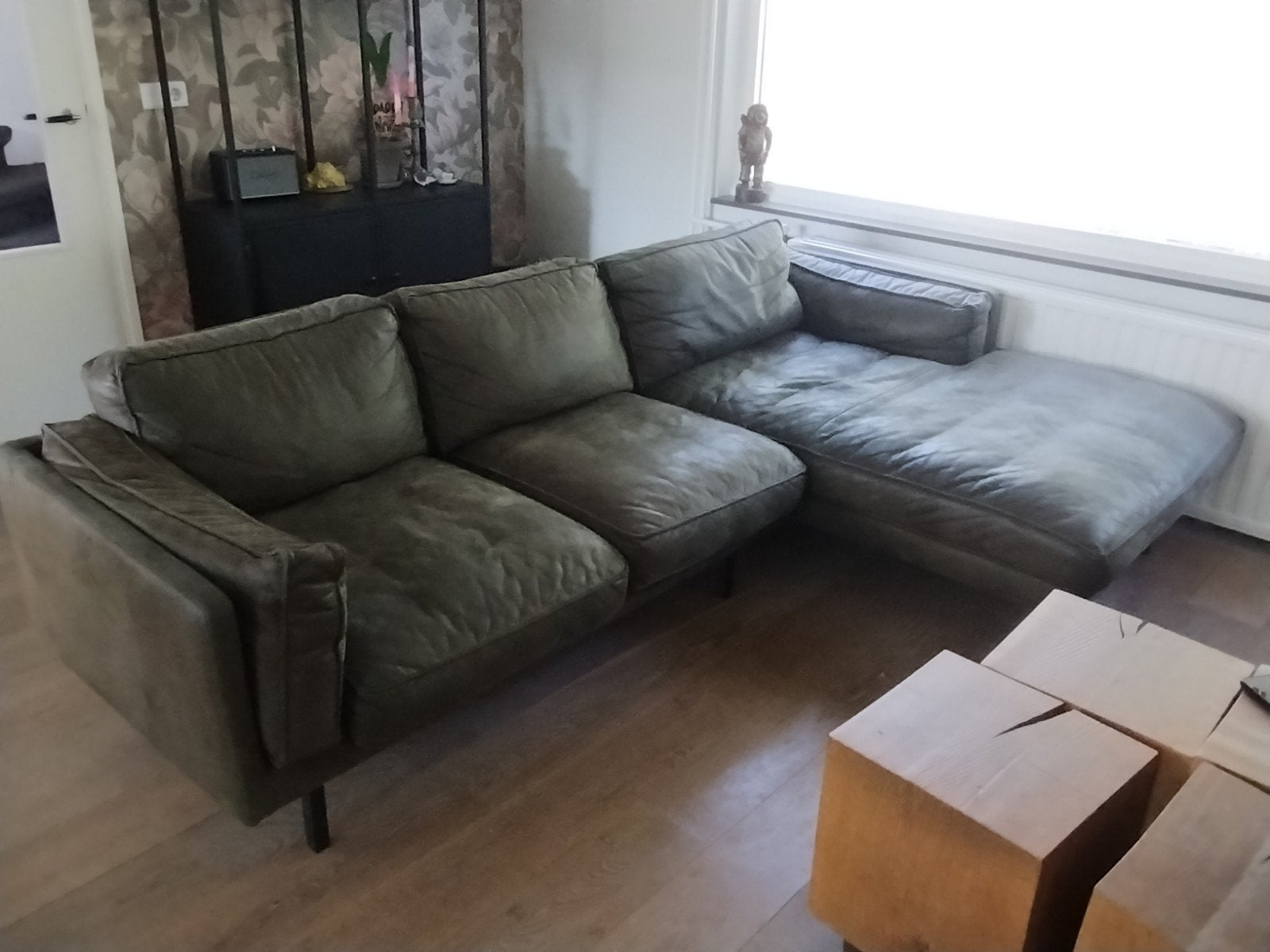 Groen-grijze hoekbank met chaise longue, Ophalen, 250 tot 300 cm, Gebruikt, 125 tot 150 cm