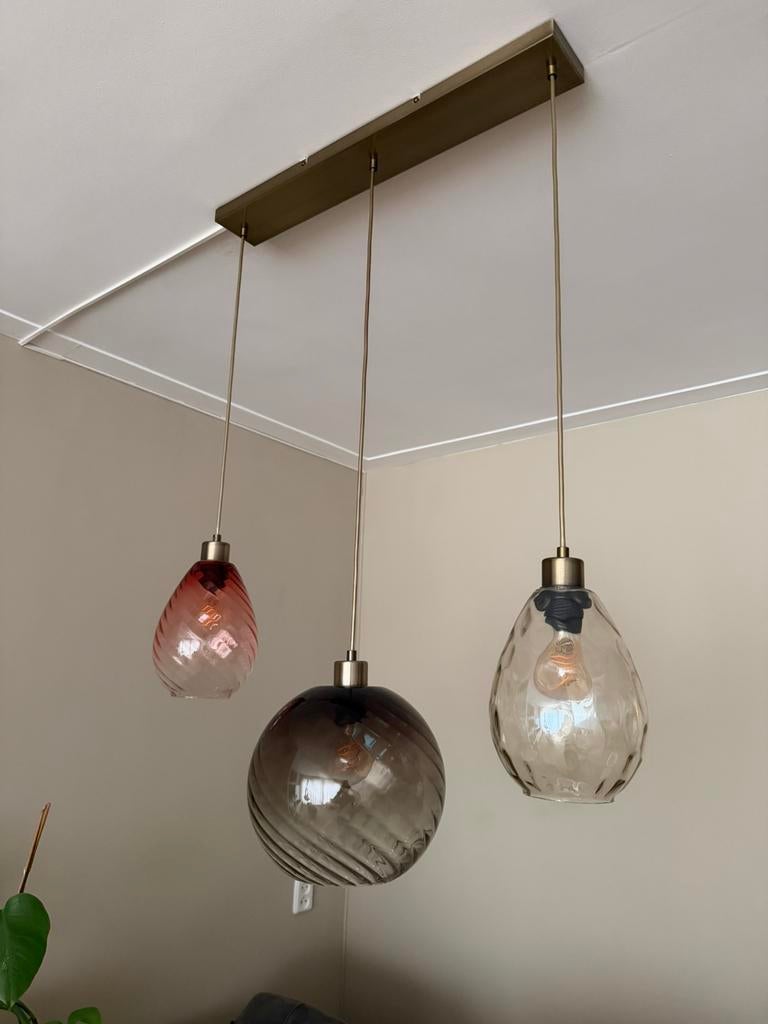Hanglamp messing MADE Ilaria glazen lampenkappen, Ophalen, Zo goed als nieuw, Glas, Minder dan 50 cm