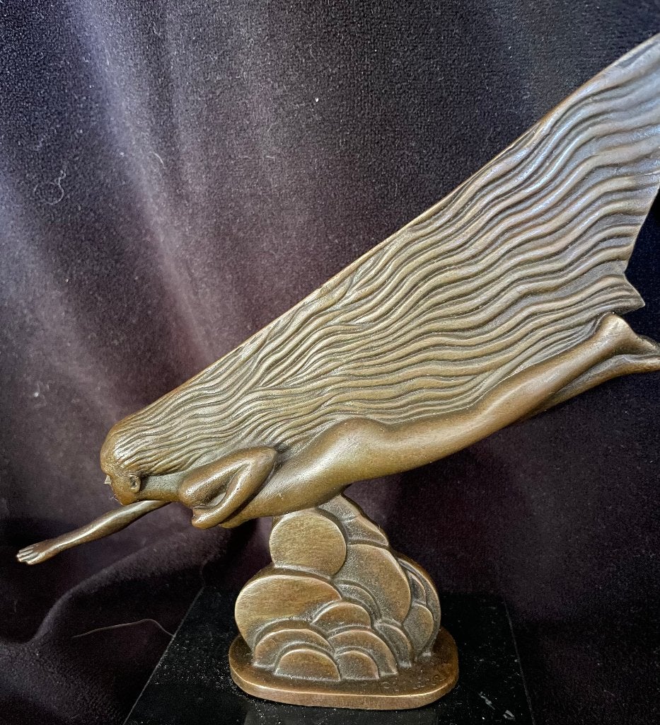 Bronzen naakte dame, automascotte?gesigneerd zuiver brons, Ophalen of Verzenden
