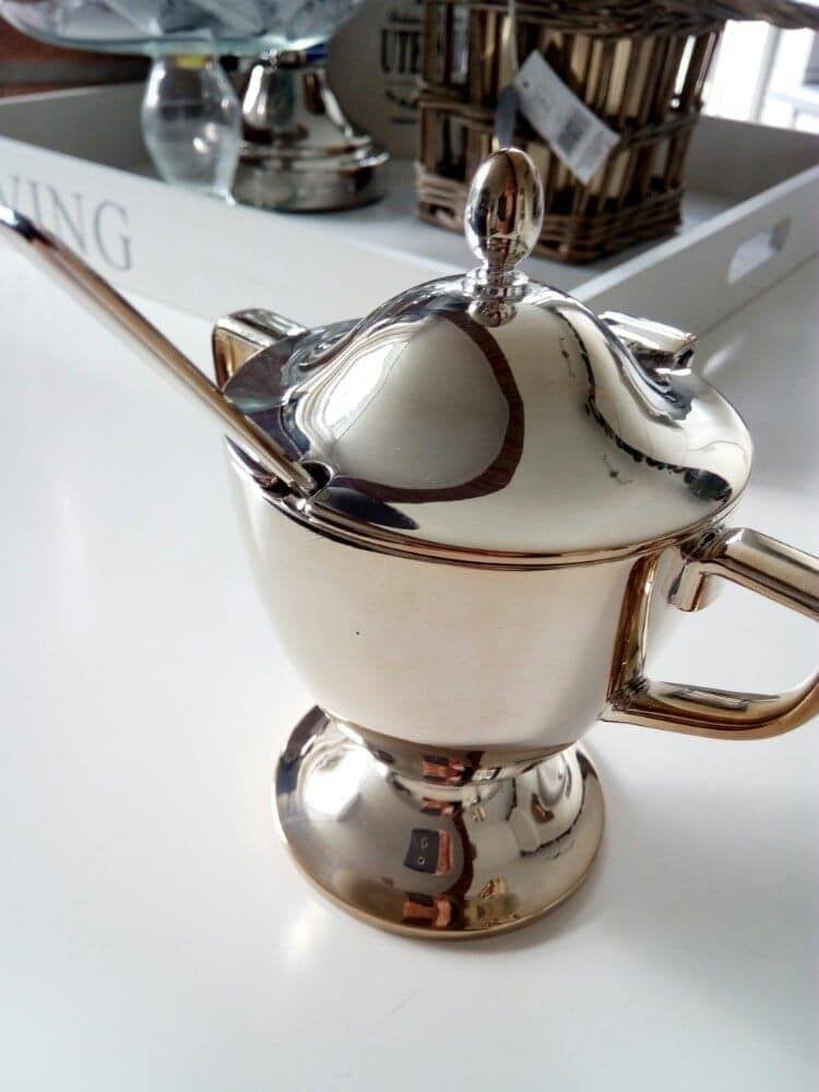 Verzilverde suikerpot met lepel, Ophalen of Verzenden