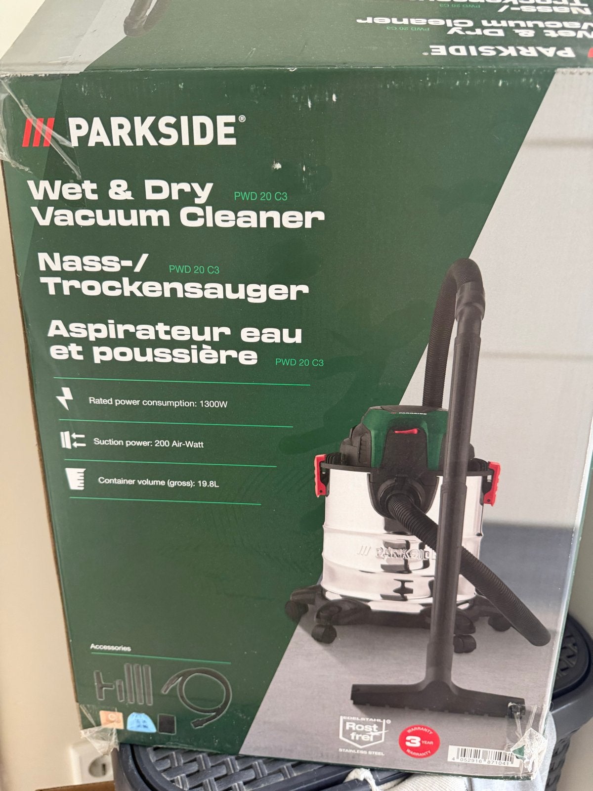 Parkside Bouwstofzuiger PWD 20 C3 met 5 nieuwe zakken, Stofzak, Gebruikt, Ophalen of Verzenden, Industriële stofzuiger