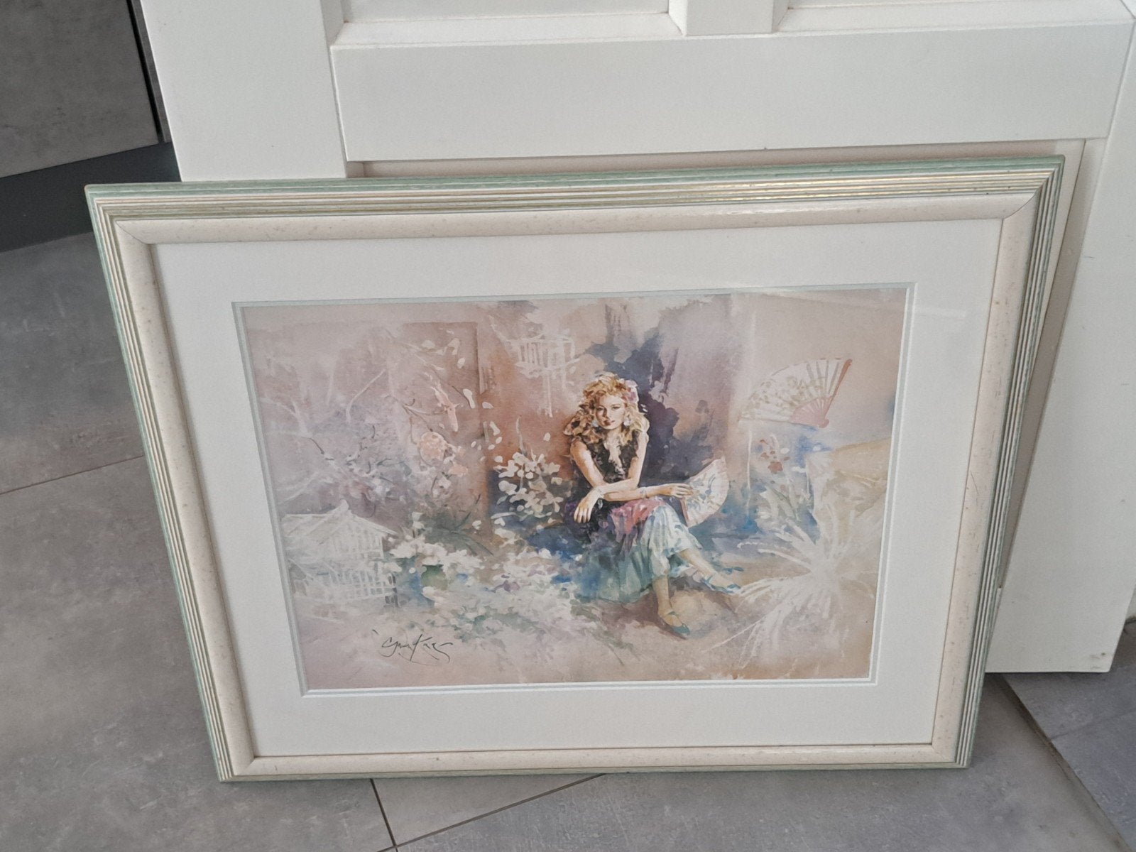 Schilderij met zittende vrouw in dromerige tuin, Antiek en Kunst, Kunst | Schilderijen | Modern, Ophalen, Figuren, Papier/karton