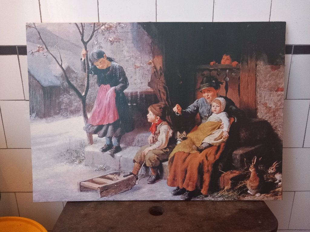 vintage prent schilderij winter brocante Frankrijk 68 x 48, Ophalen of Verzenden