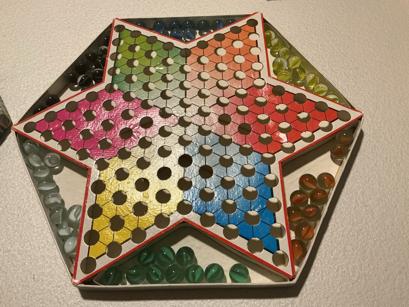 Vintage Chinees Damspel / Chinese Checkers met knikkers, Drie of vier spelers, Verzenden, Gebruikt