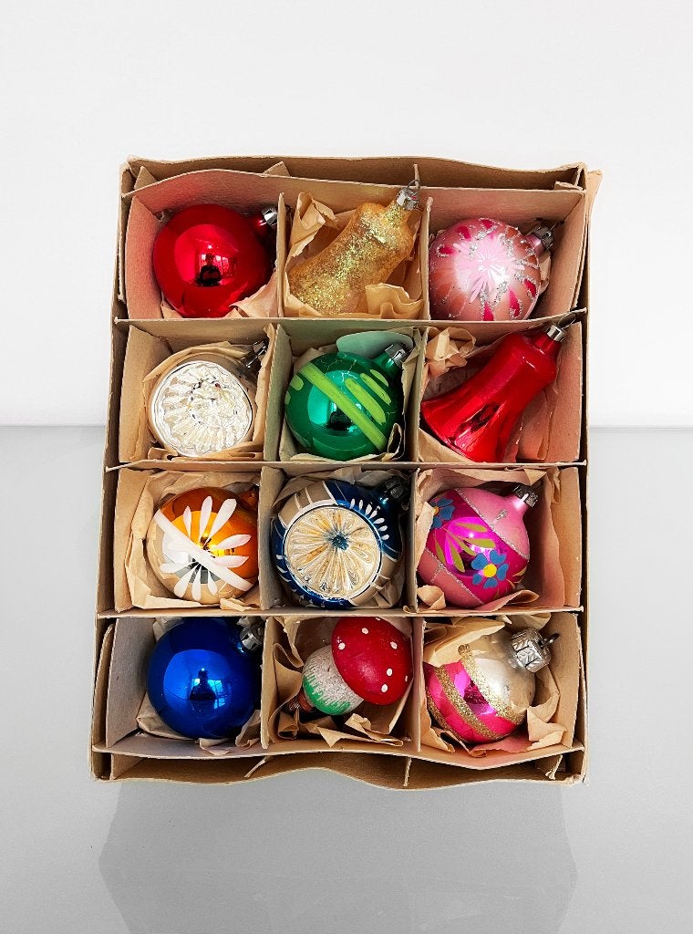 Vintage kleurrijke set kerstballen en ornamenten, Ophalen of Verzenden